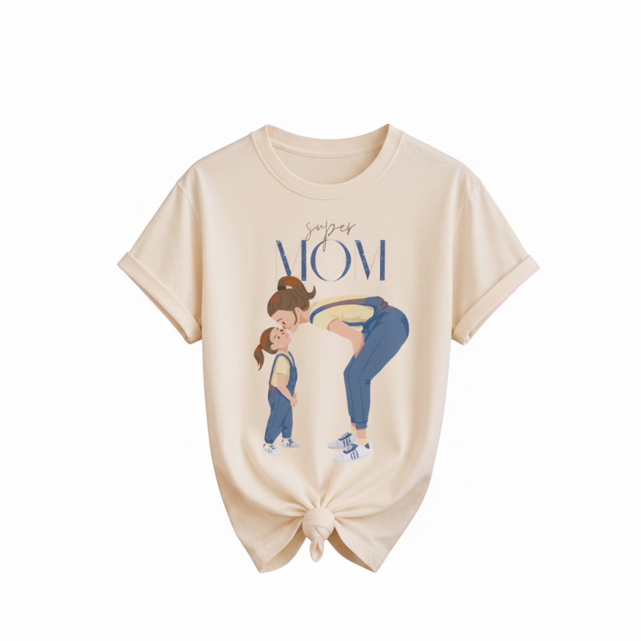 The Beauty Closet cream cotton t-shirt featuring a Super Mom graphic illustration of a mother and daughter.