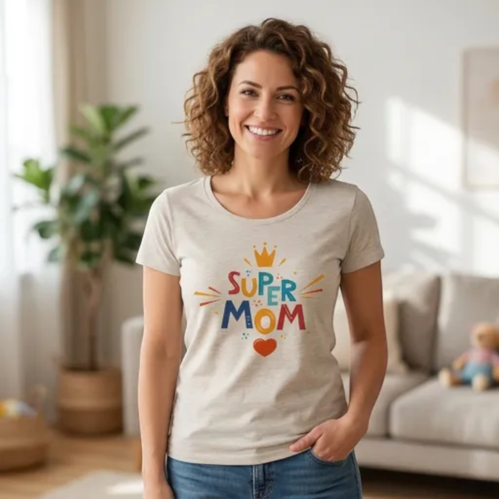 A woman wearing The Beauty Closet cream cotton t-shirt with a colorful Super Mom graphic print and crown illustration.