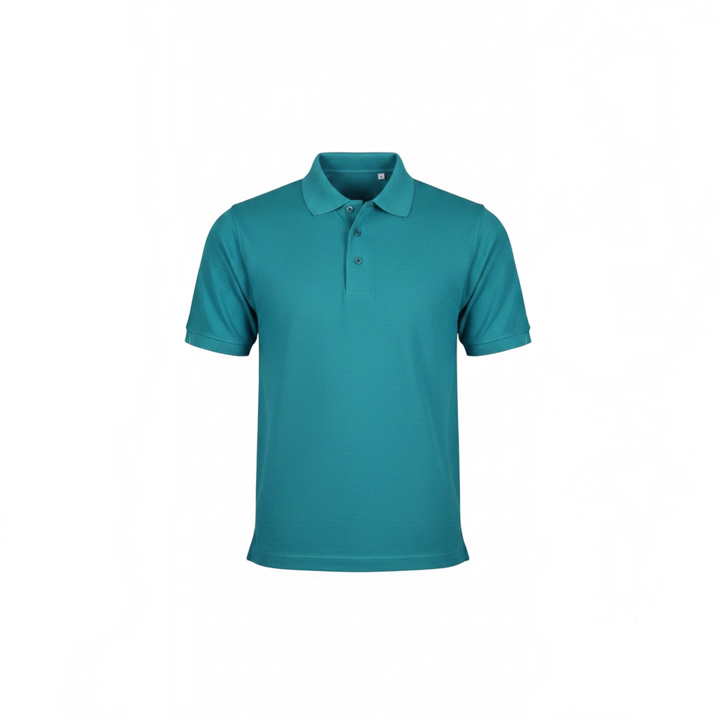 The Beauty Closet teal short sleeve polo shirt with a three-button placket and ribbed cuffs in breathable cotton.