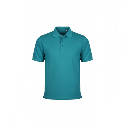 The Beauty Closet teal short sleeve polo shirt with a three-button placket and ribbed cuffs in breathable cotton.