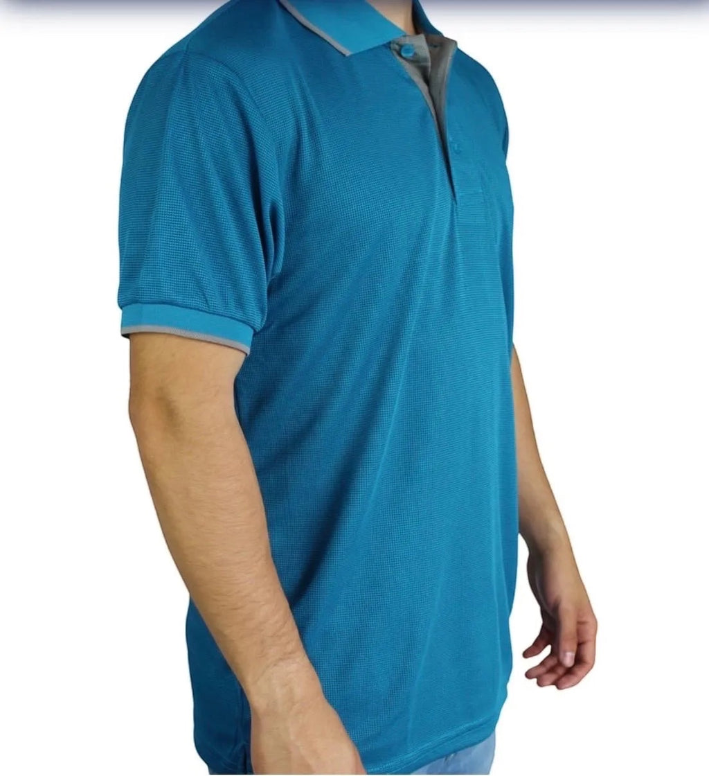 The Beauty Closet men's teal textured short sleeve polo shirt with grey collar and cuff trim.
