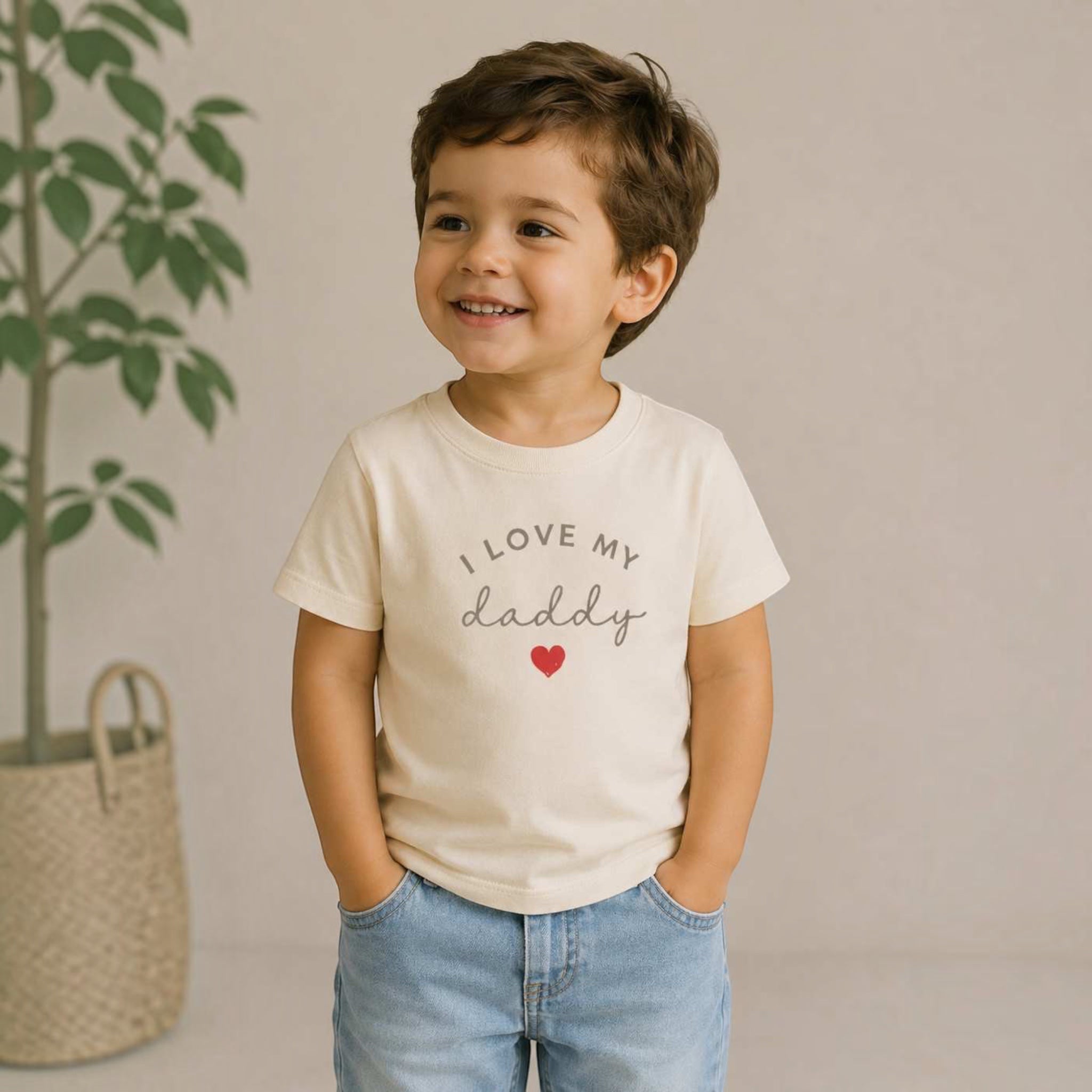 Toddler wearing a cream The Beauty Closet t-shirt with I Love My Daddy text and a small red heart graphic.