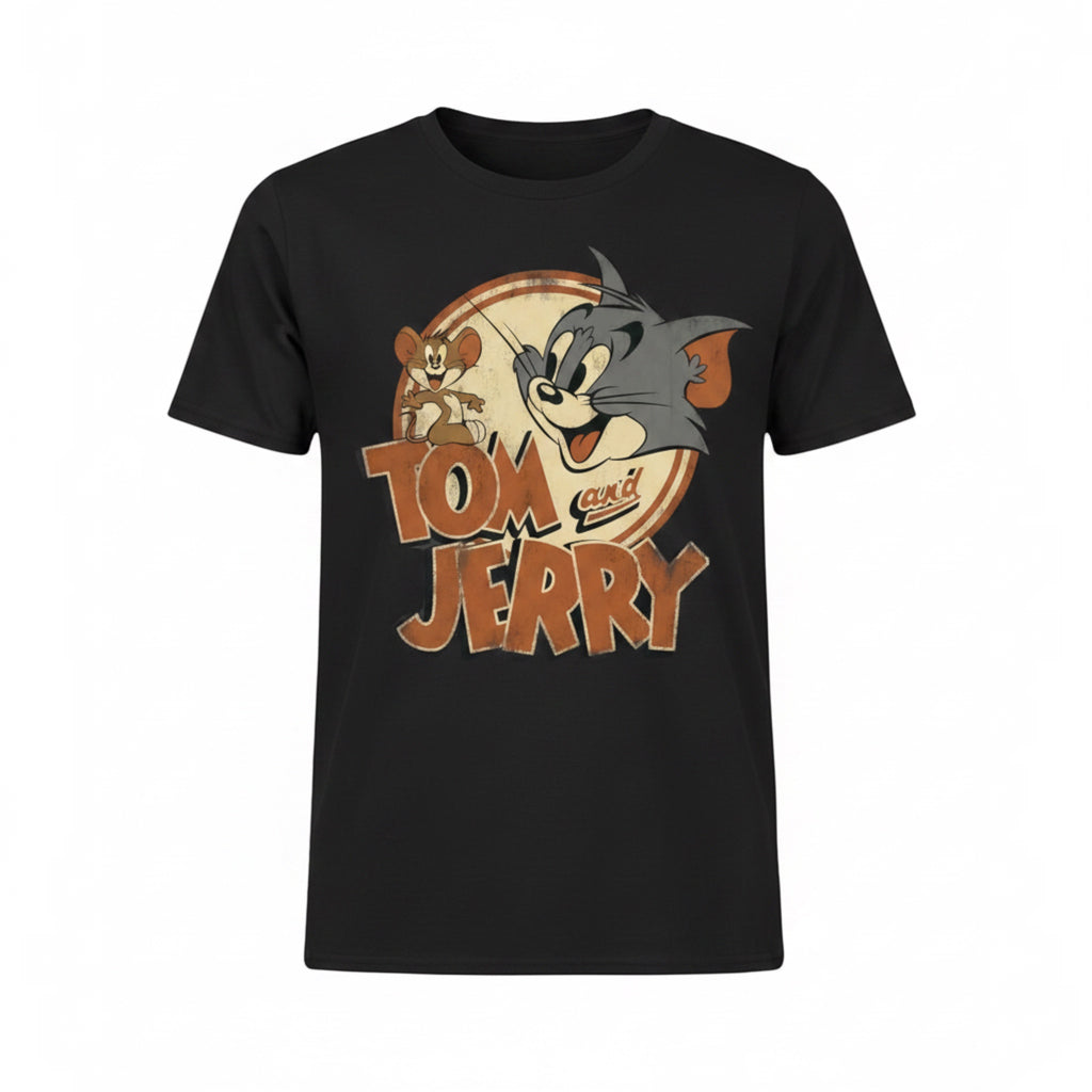 The Beauty Closet black cotton t-shirt featuring a vintage Tom and Jerry graphic print on the front