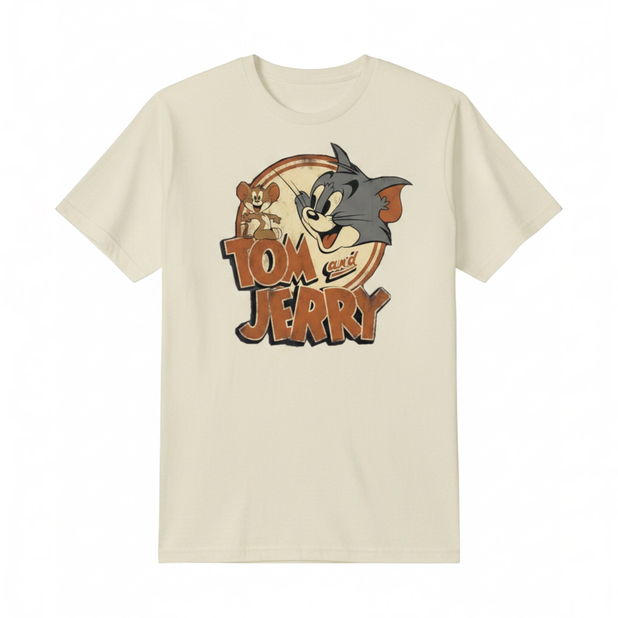 The Beauty Closet cream-colored short-sleeve t-shirt featuring a vintage Tom and Jerry graphic print on the front.