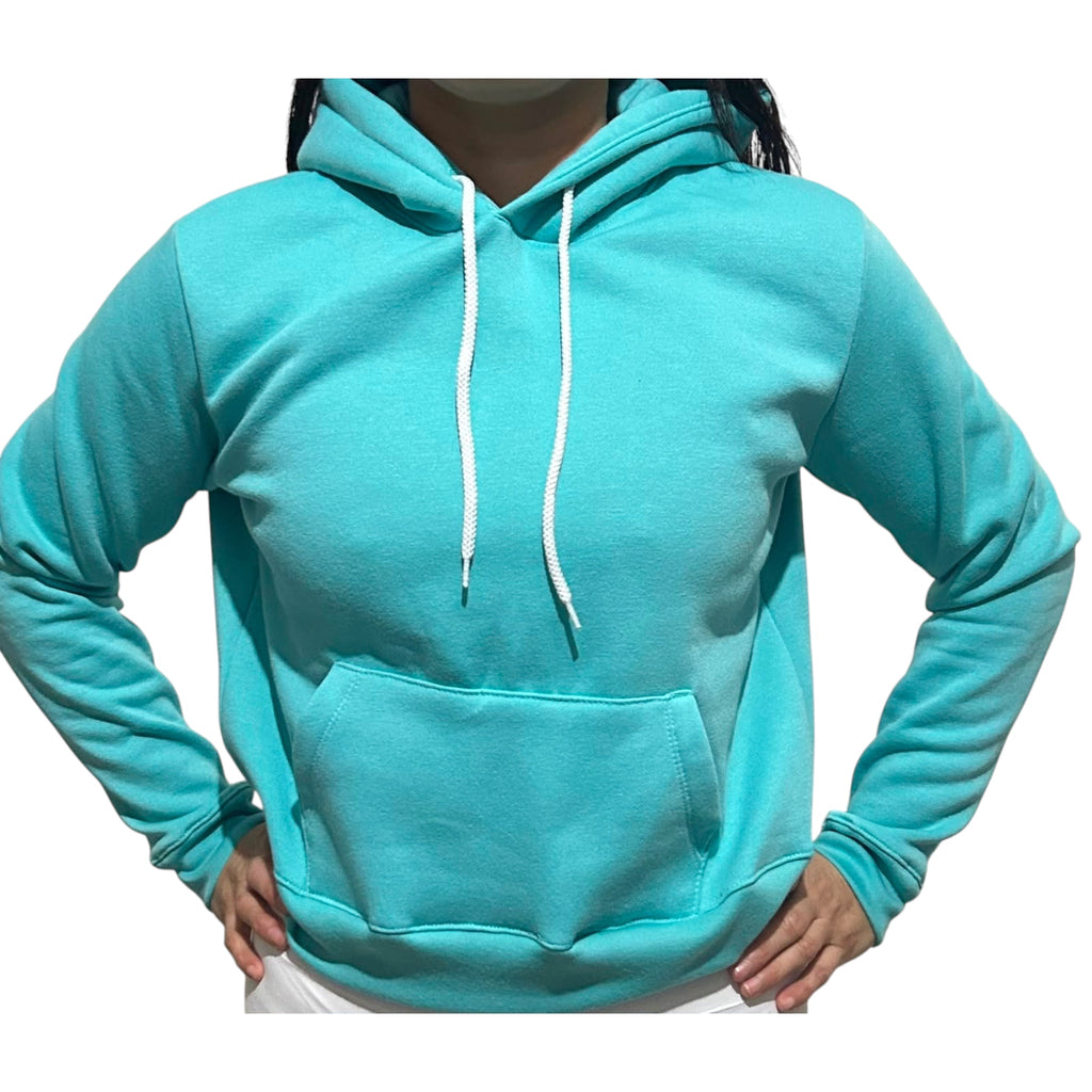 The Beauty Closet turquoise pullover hoodie with a drawstring hood and front kangaroo pocket on a person
