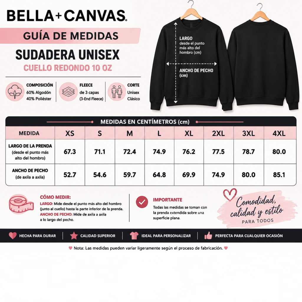 The Beauty Closet BELLA+CANVAS unisex black fleece pullover hoodie size chart with front and back view illustrations.