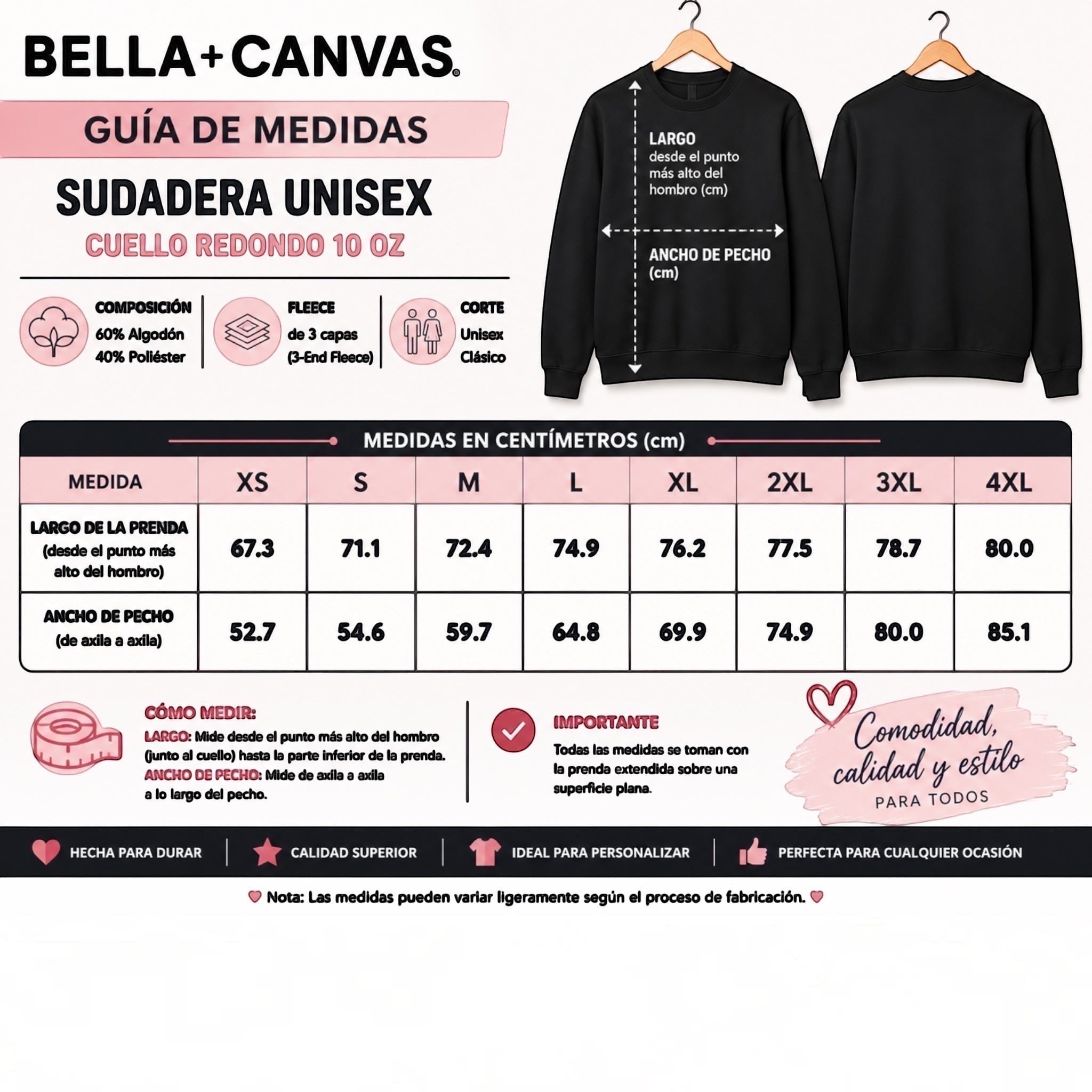 The Beauty Closet BELLA+CANVAS unisex black fleece pullover hoodie size chart with front and back view illustrations.