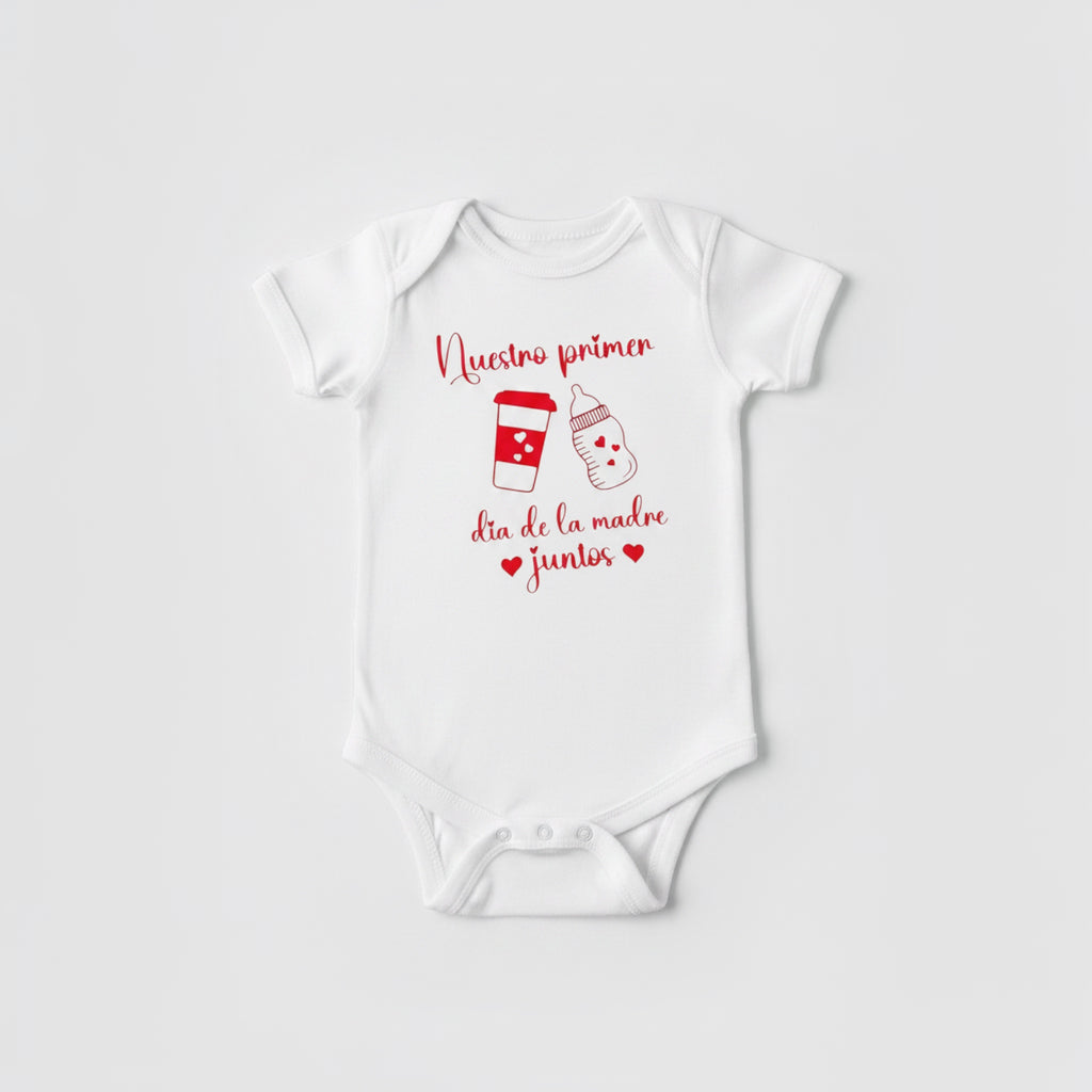 The Beauty Closet white baby bodysuit with red graphic print for first Mother's Day featuring bottle and coffee cup