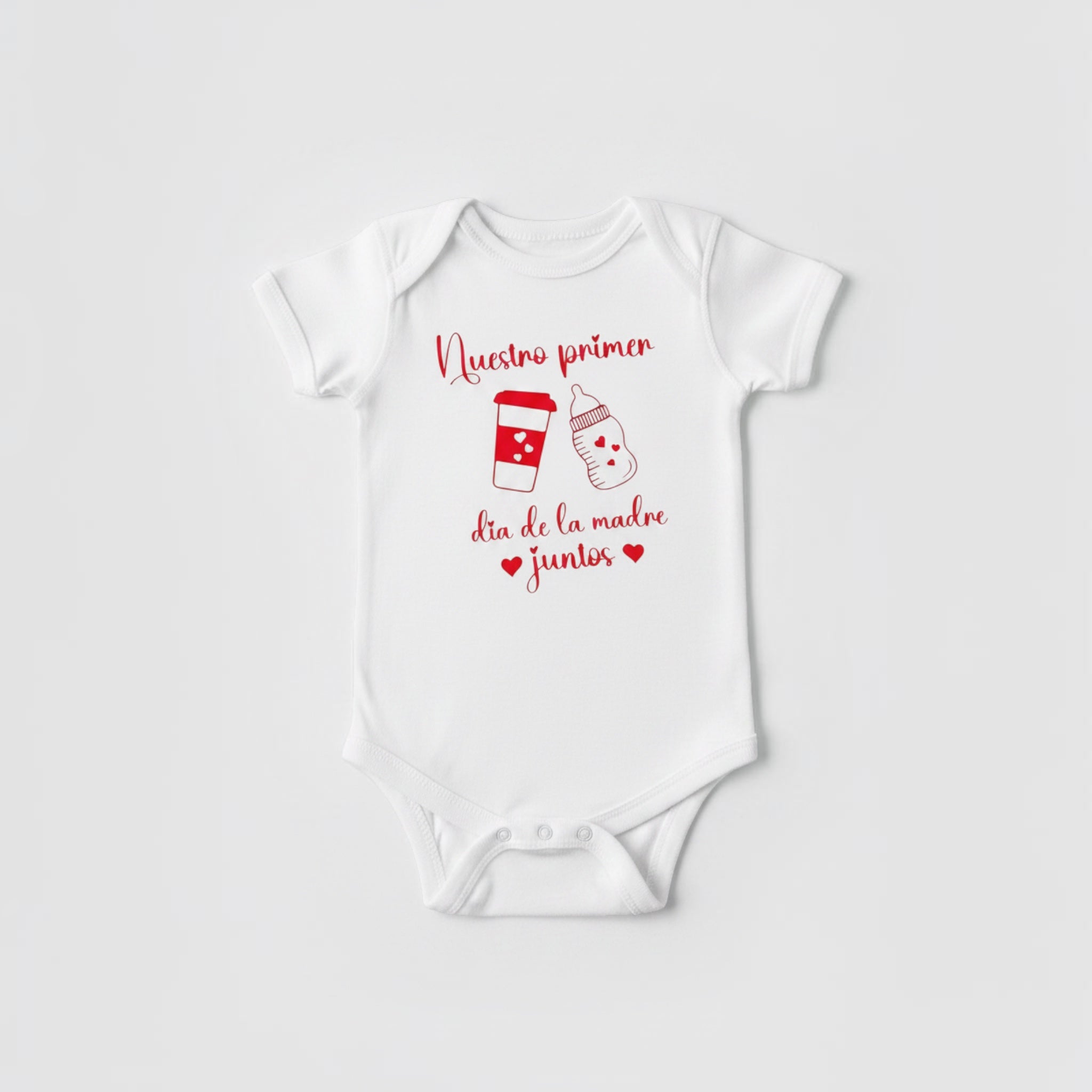 The Beauty Closet white baby bodysuit with red graphic print for first Mother's Day featuring bottle and coffee cup