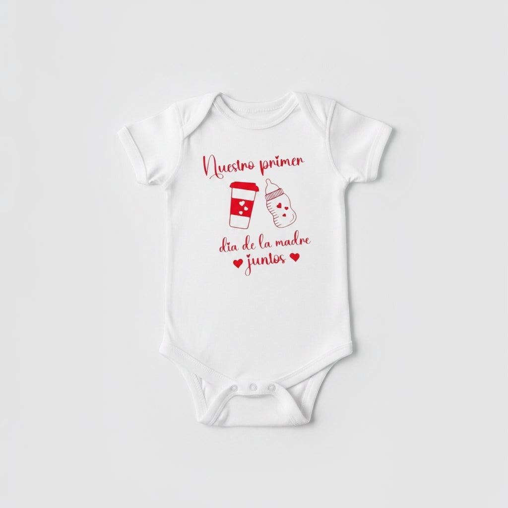The Beauty Closet white baby bodysuit with red graphic print for first Mother's Day featuring bottle and coffee cup