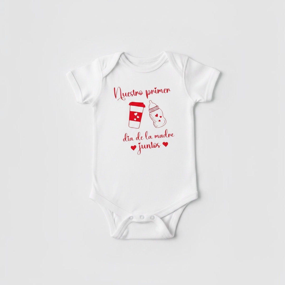 The Beauty Closet white baby bodysuit with red graphic print for first Mother's Day featuring bottle and coffee cup