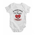 The Beauty Closet white cotton baby bodysuit featuring a red heart graphic and Spanish text about a mother's embrace.