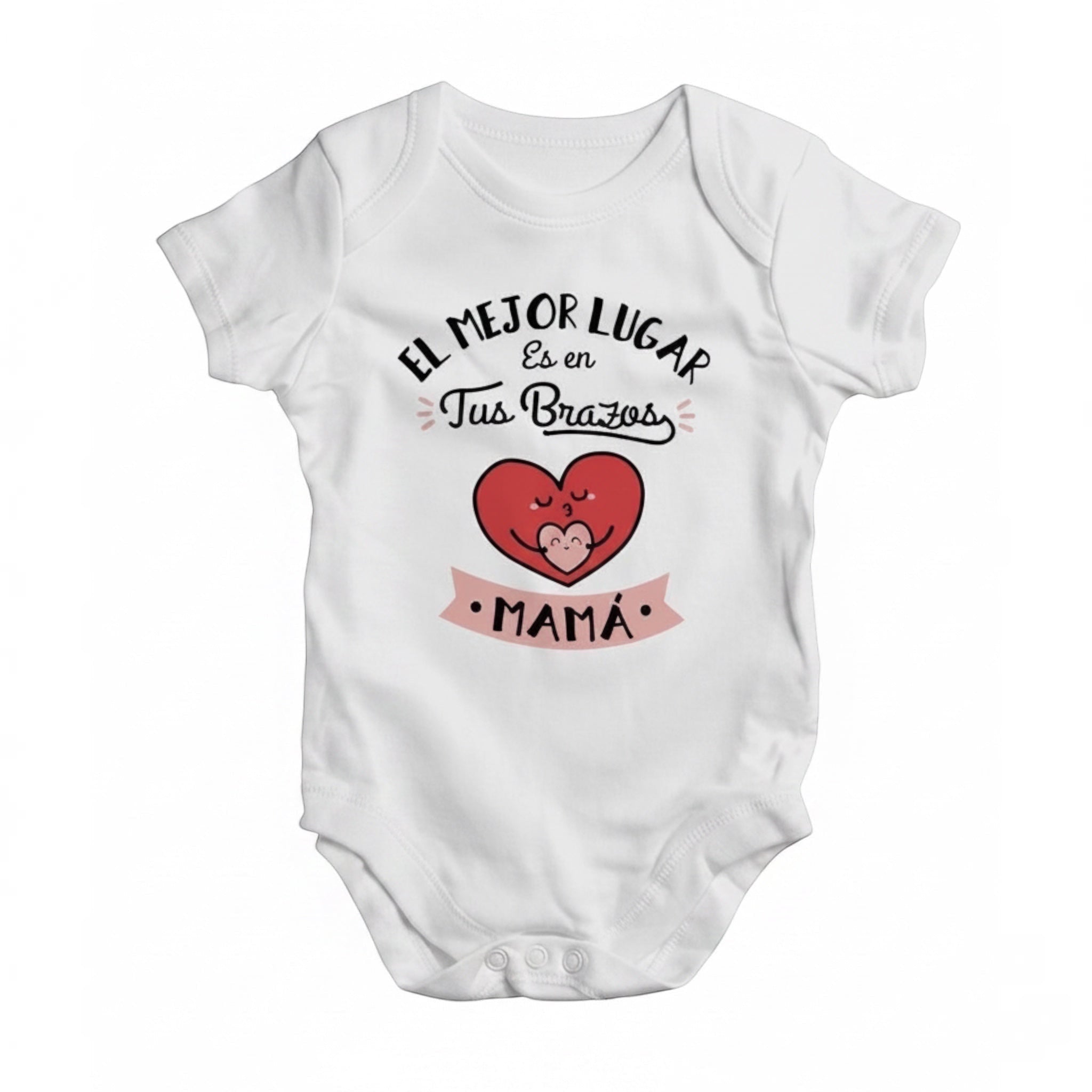 The Beauty Closet white cotton baby bodysuit featuring a red heart graphic and Spanish text about a mother's embrace.