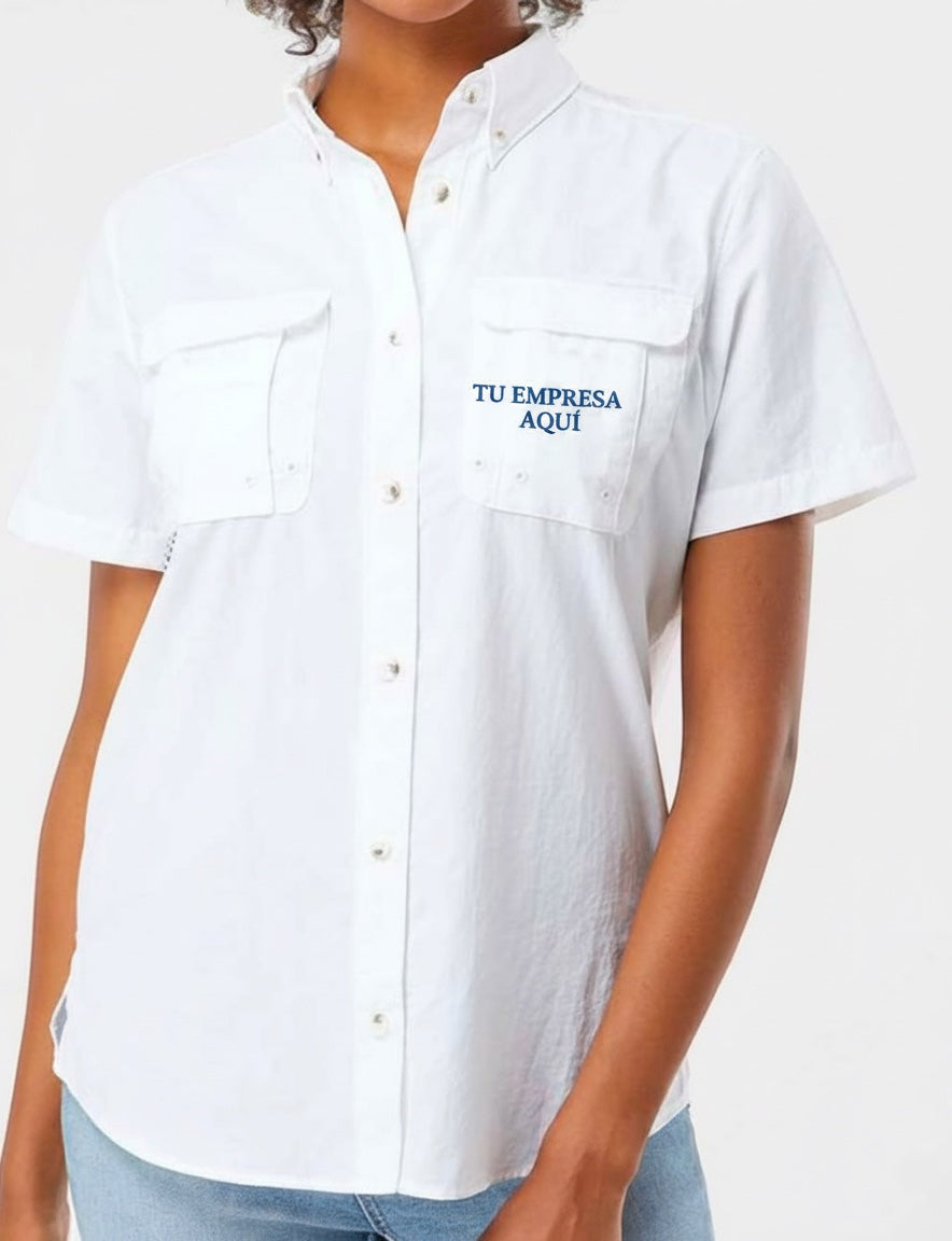 The Beauty Closet white short-sleeved button-down shirt with dual chest pockets and custom embroidery