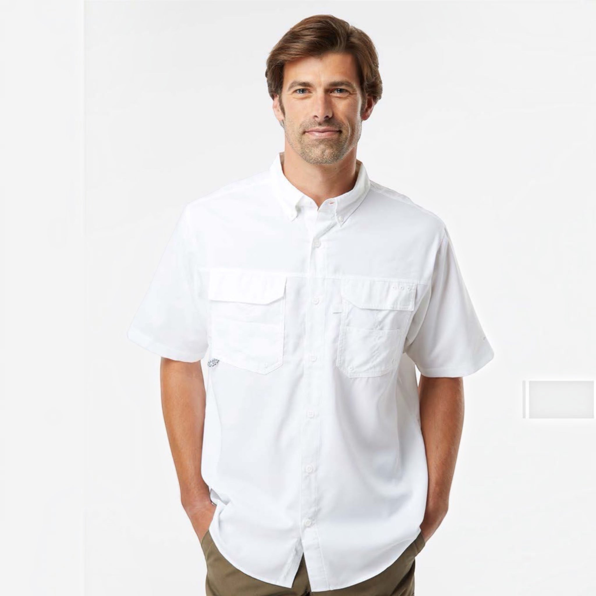 The Beauty Closet white short-sleeve button-down shirt with dual chest pockets worn by a man