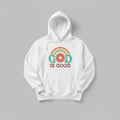 The Beauty Closet white hoodie featuring a retro rainbow, flower icon, and God Is Good typography on the front.