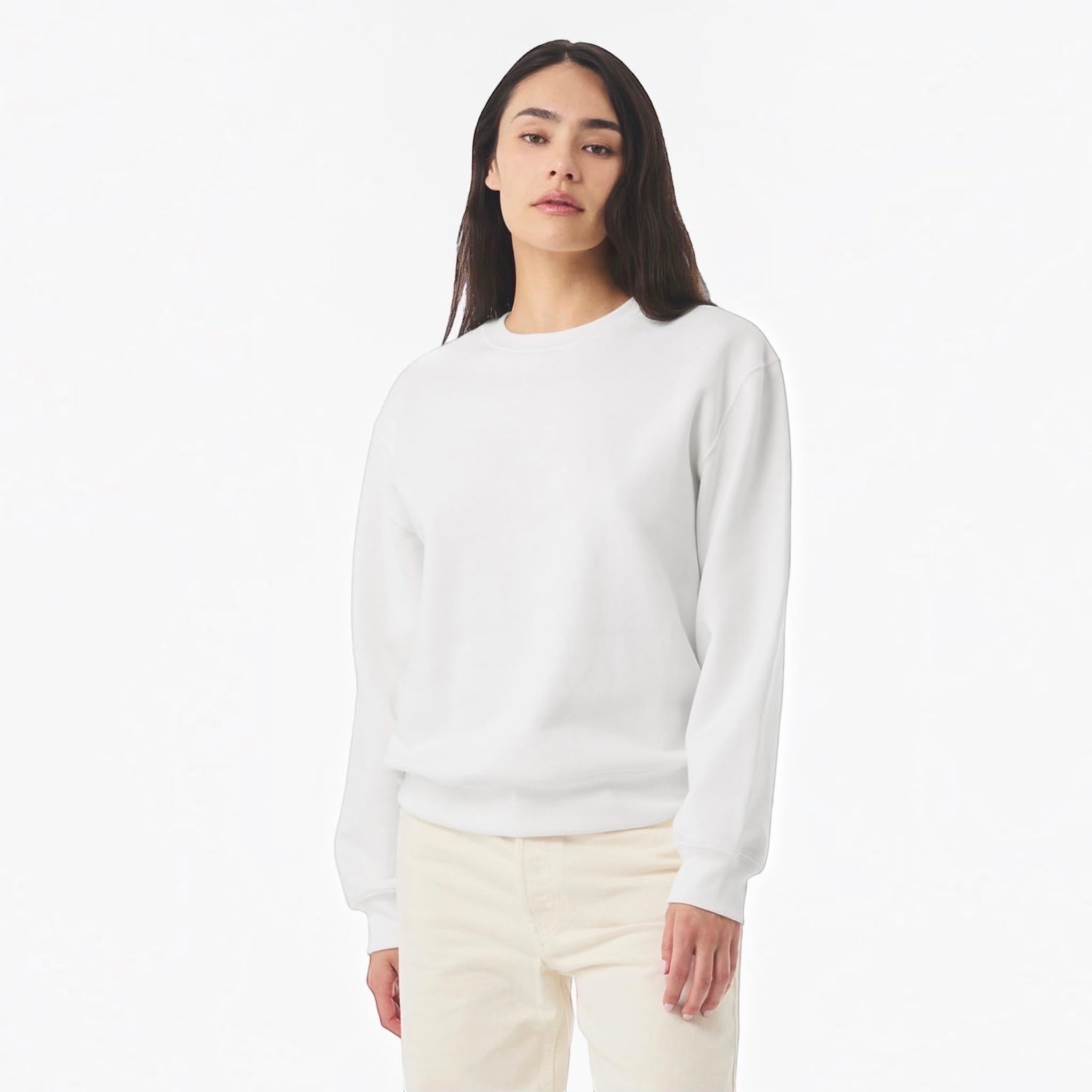The Beauty Closet unisex white fleece crewneck sweatshirt worn by a woman with long dark hair against a white background