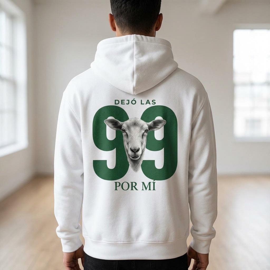 The Beauty Closet white pullover hoodie featuring a back graphic of a goat and the text Dejo las 99 por mi