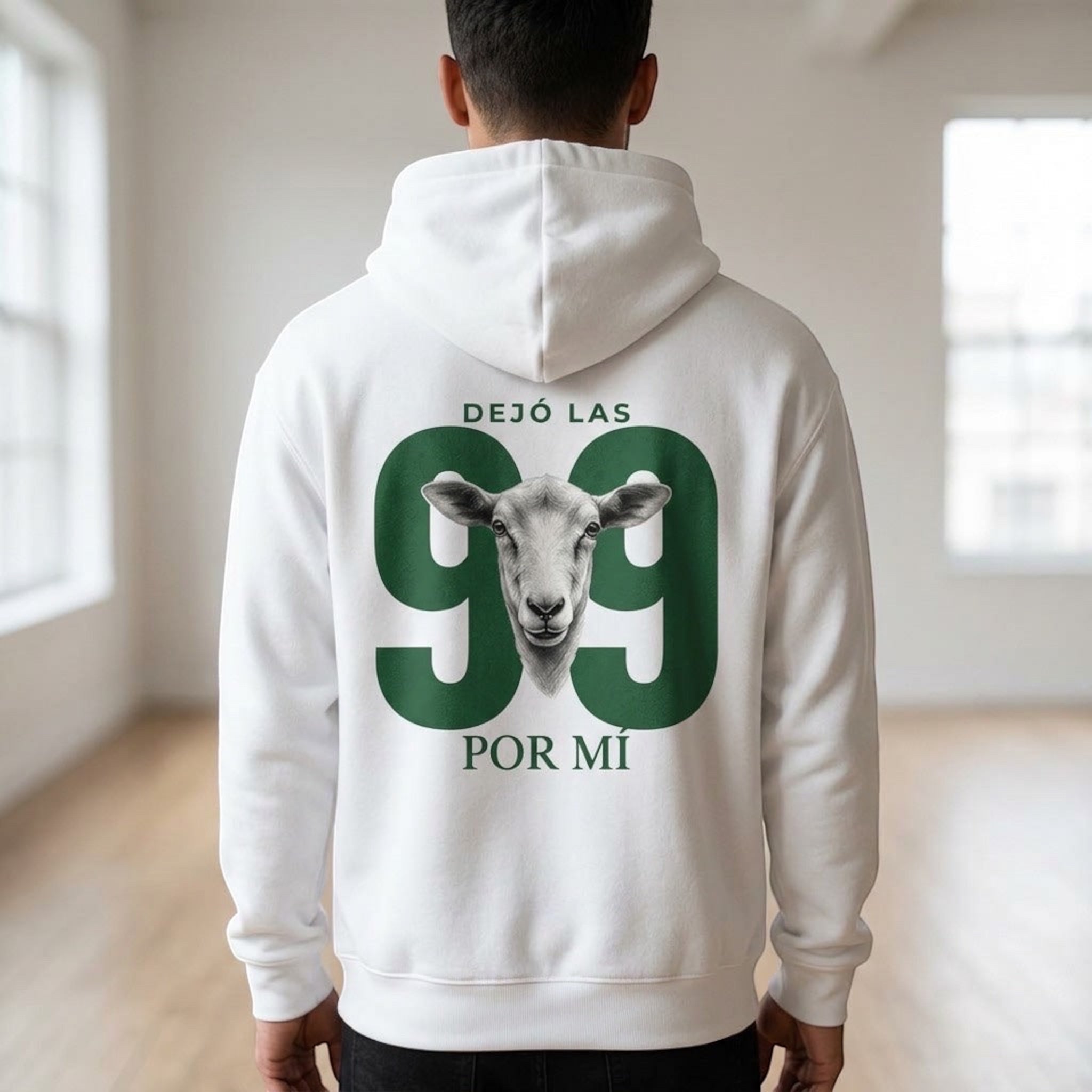The Beauty Closet white pullover hoodie featuring a back graphic of a goat and the text Dejo las 99 por mi