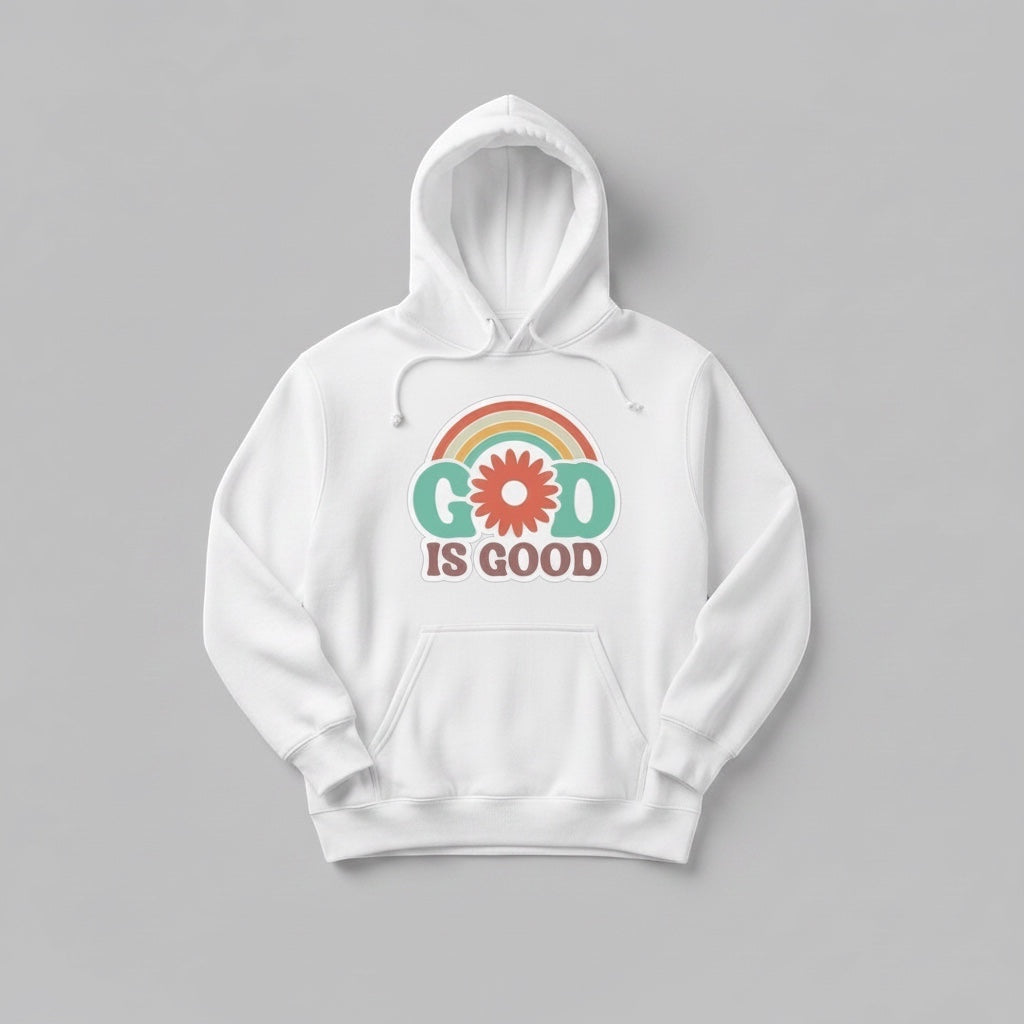 The Beauty Closet white hoodie featuring a retro rainbow and flower graphic with the text God Is Good