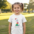 Young girl wearing a white The Beauty Closet t-shirt with a cute mouse, snail, and turtle graphic print.