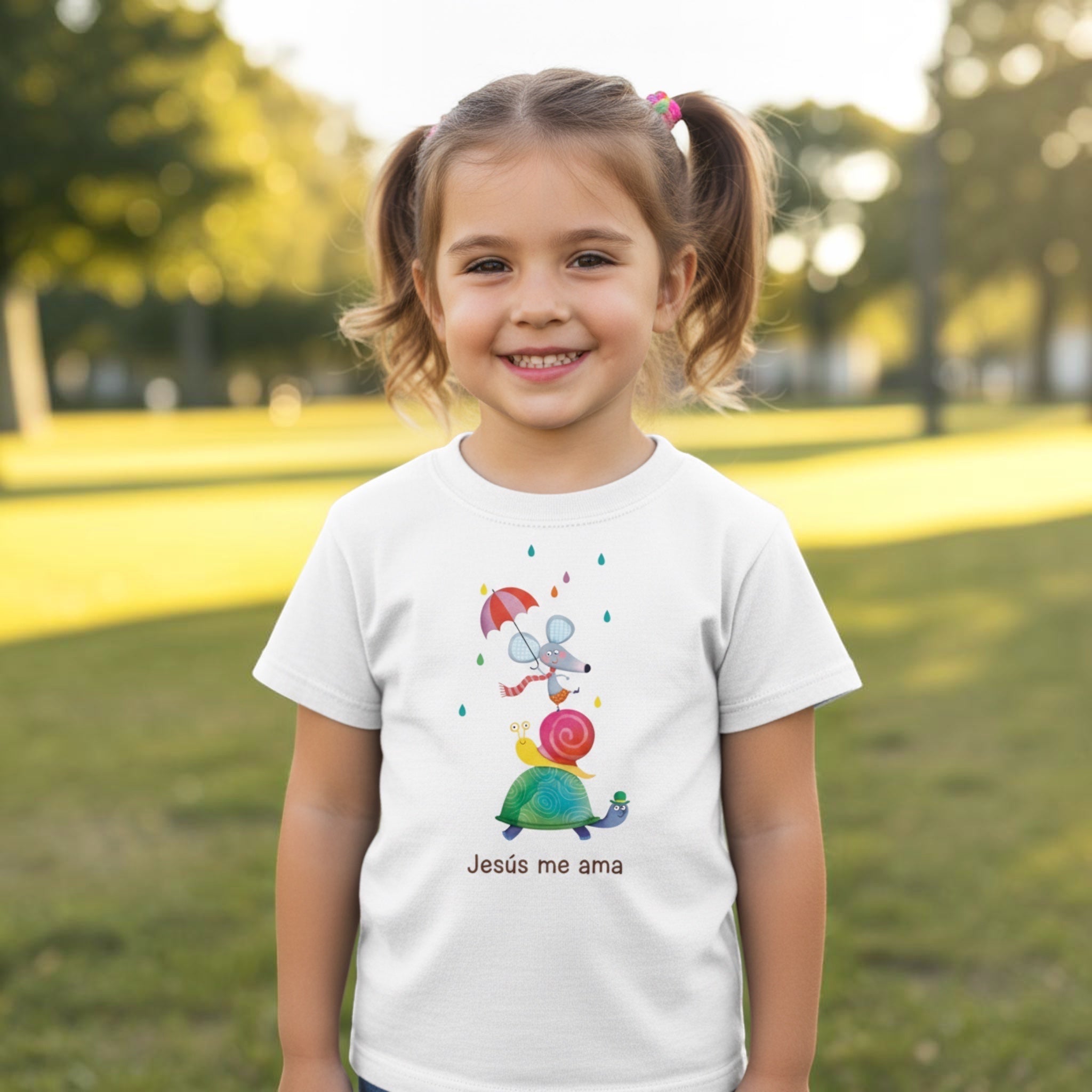 Young girl wearing a white The Beauty Closet t-shirt with a cute mouse, snail, and turtle graphic print.