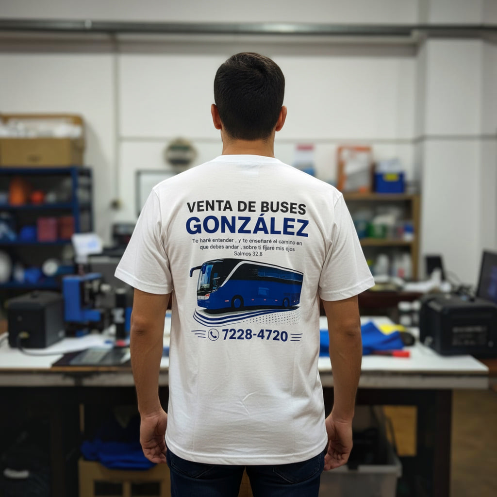 The Beauty Closet white cotton t-shirt featuring a Venta de Buses Gonzalez graphic print on the back