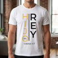 The Beauty Closet white crewneck t-shirt featuring a vertical graphic print with yellow and black typography