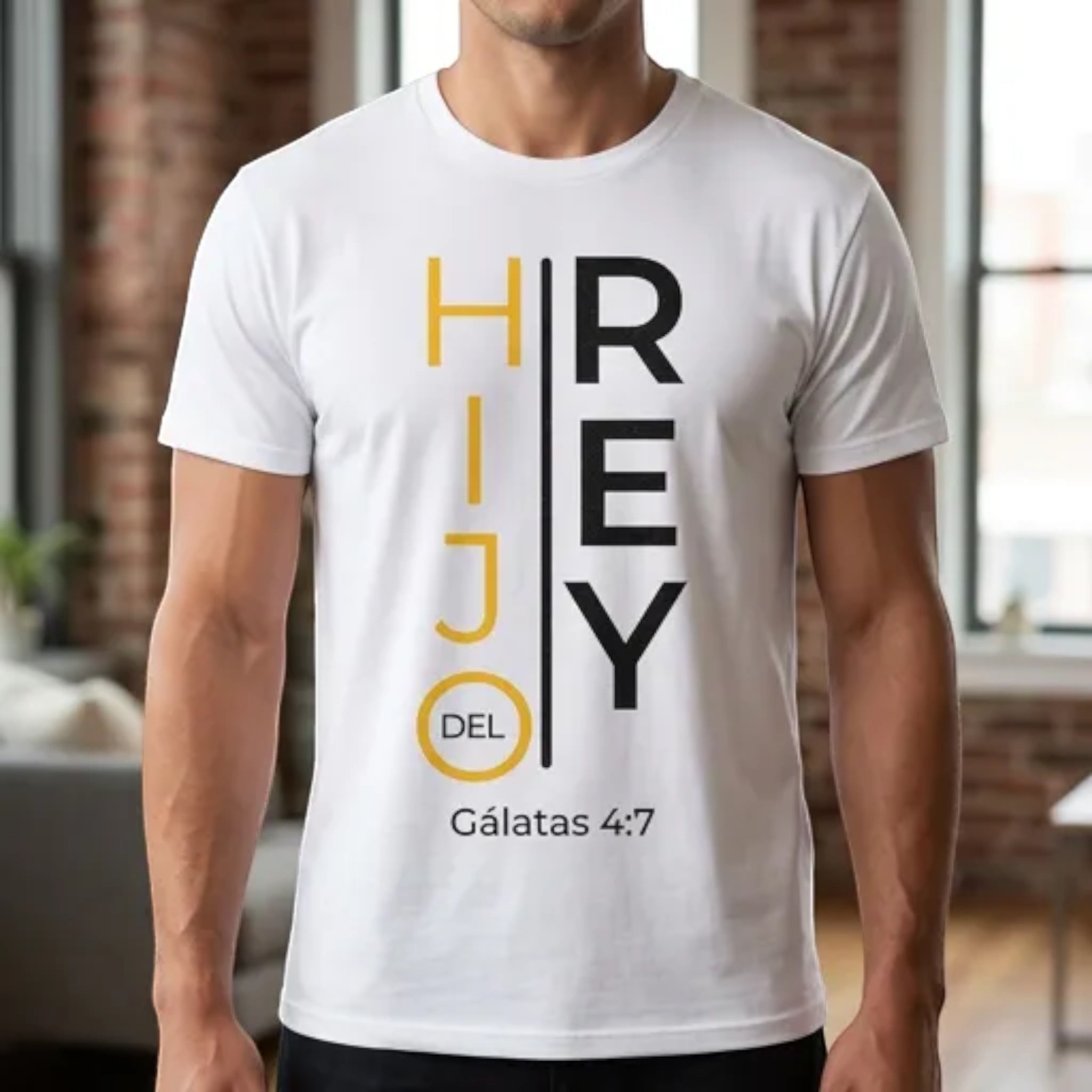 The Beauty Closet white crewneck t-shirt featuring a vertical graphic print with yellow and black typography