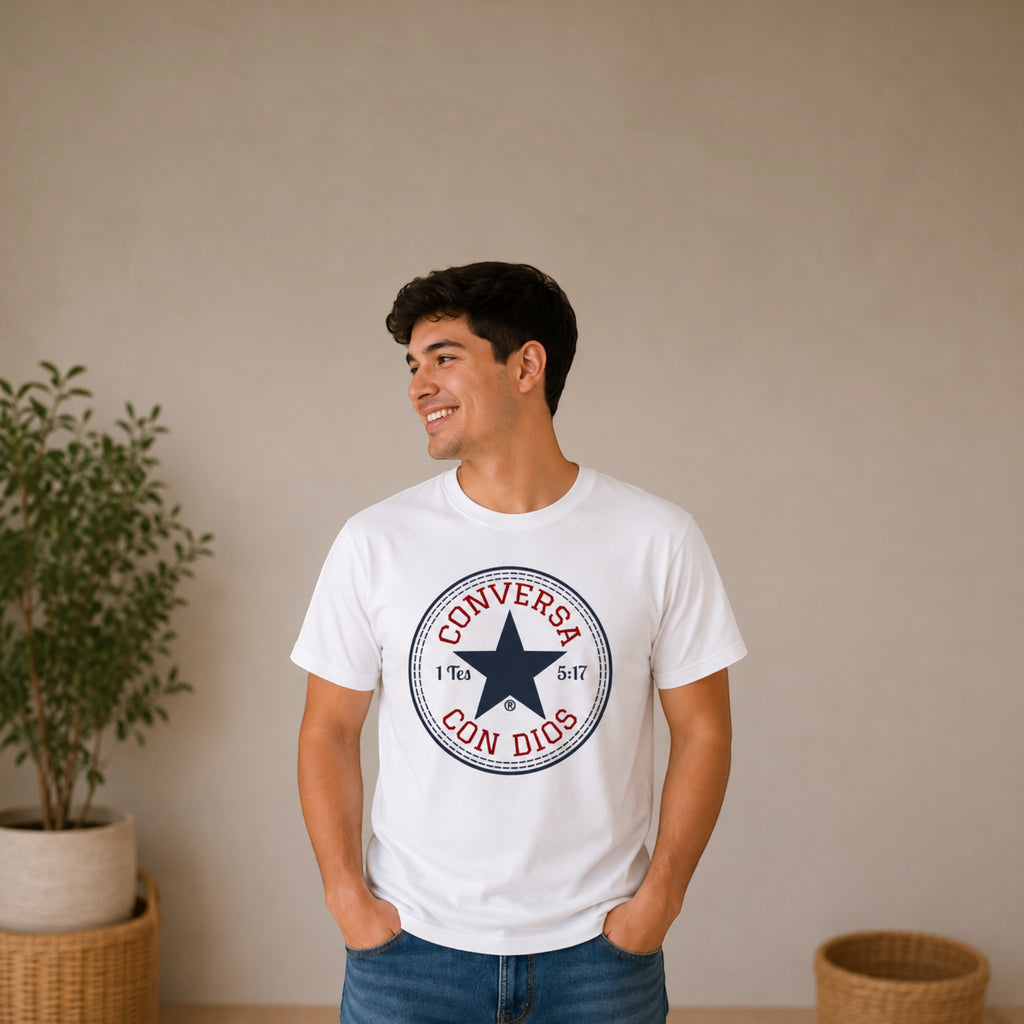 Man wearing a white The Beauty Closet t-shirt with a blue and red circular graphic print on the chest