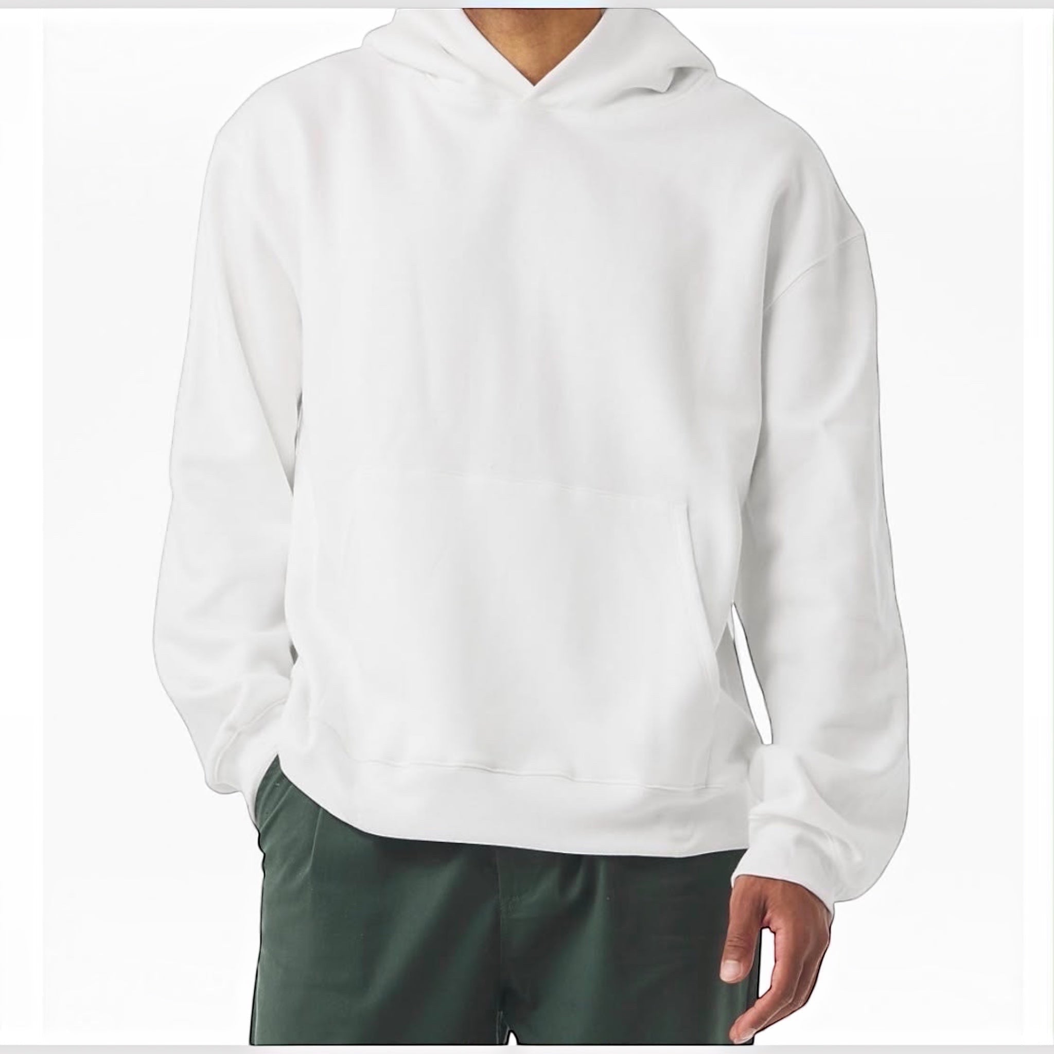The Beauty Closet plain white hooded sweatshirt worn by a person with dark green trousers