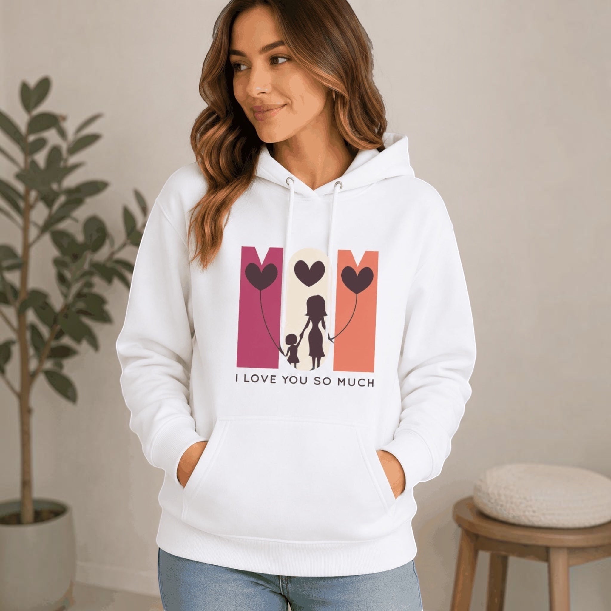 The Beauty Closet white hoodie featuring a graphic of a mother and child with hearts and I Love You So Much text.