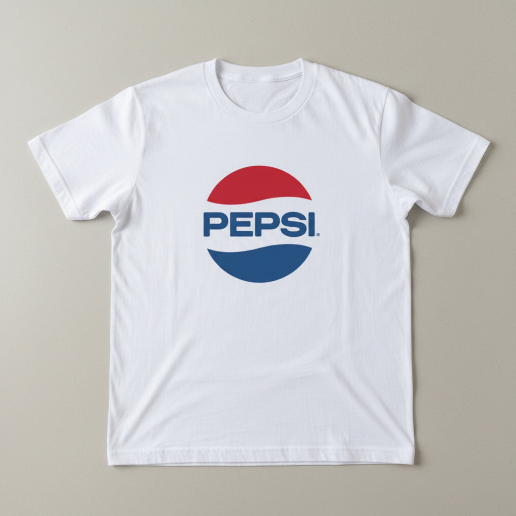 The Beauty Closet white cotton t-shirt featuring a classic red, white, and blue Pepsi logo graphic on the front.