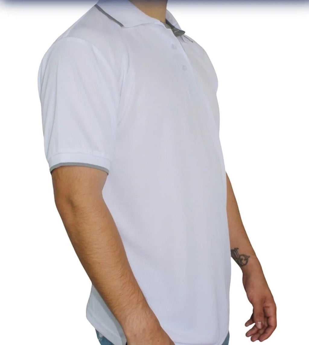 The Beauty Closet men's white short sleeve polo shirt with grey collar and cuff trim, textured fabric, two-button placket.