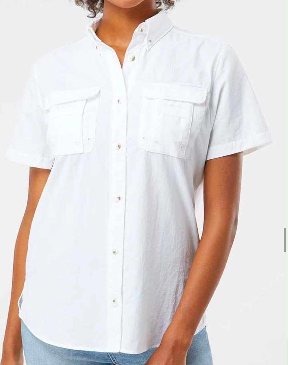 The Beauty Closet white short-sleeve button-down shirt with dual chest pockets and a classic collar