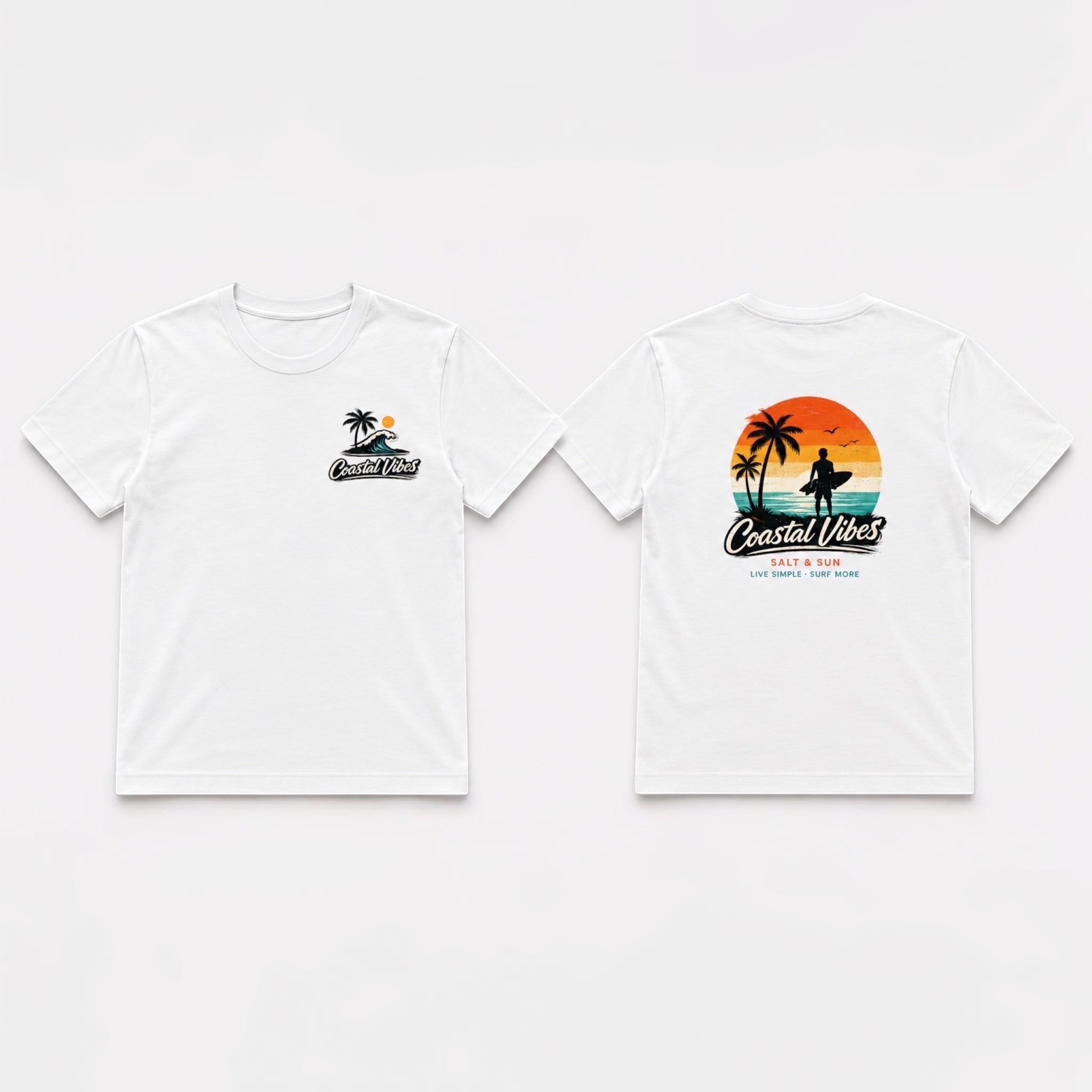 The Beauty Closet white cotton t-shirt with a surfer silhouette against a sunset graphic. Short sleeves, crew neck.
