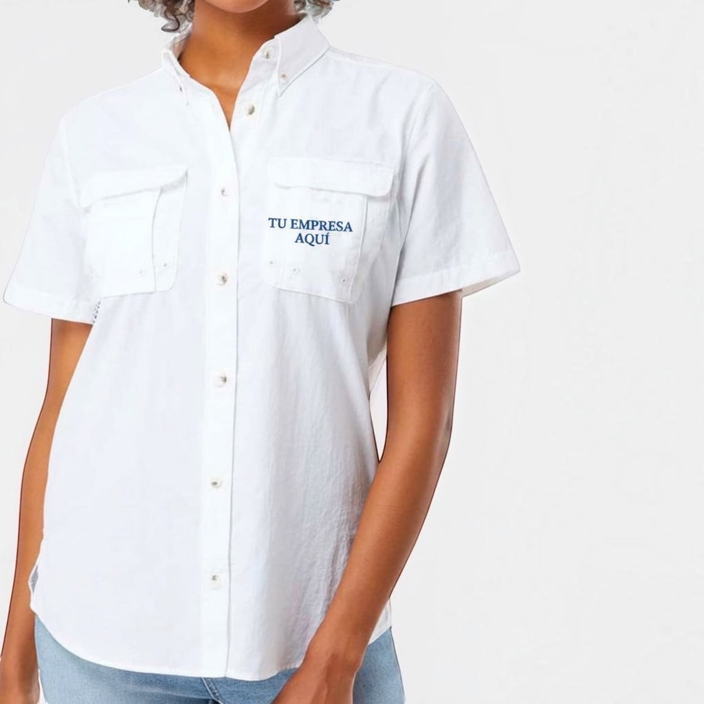 The Beauty Closet white short sleeve button down utility shirt with chest pockets and custom embroidery