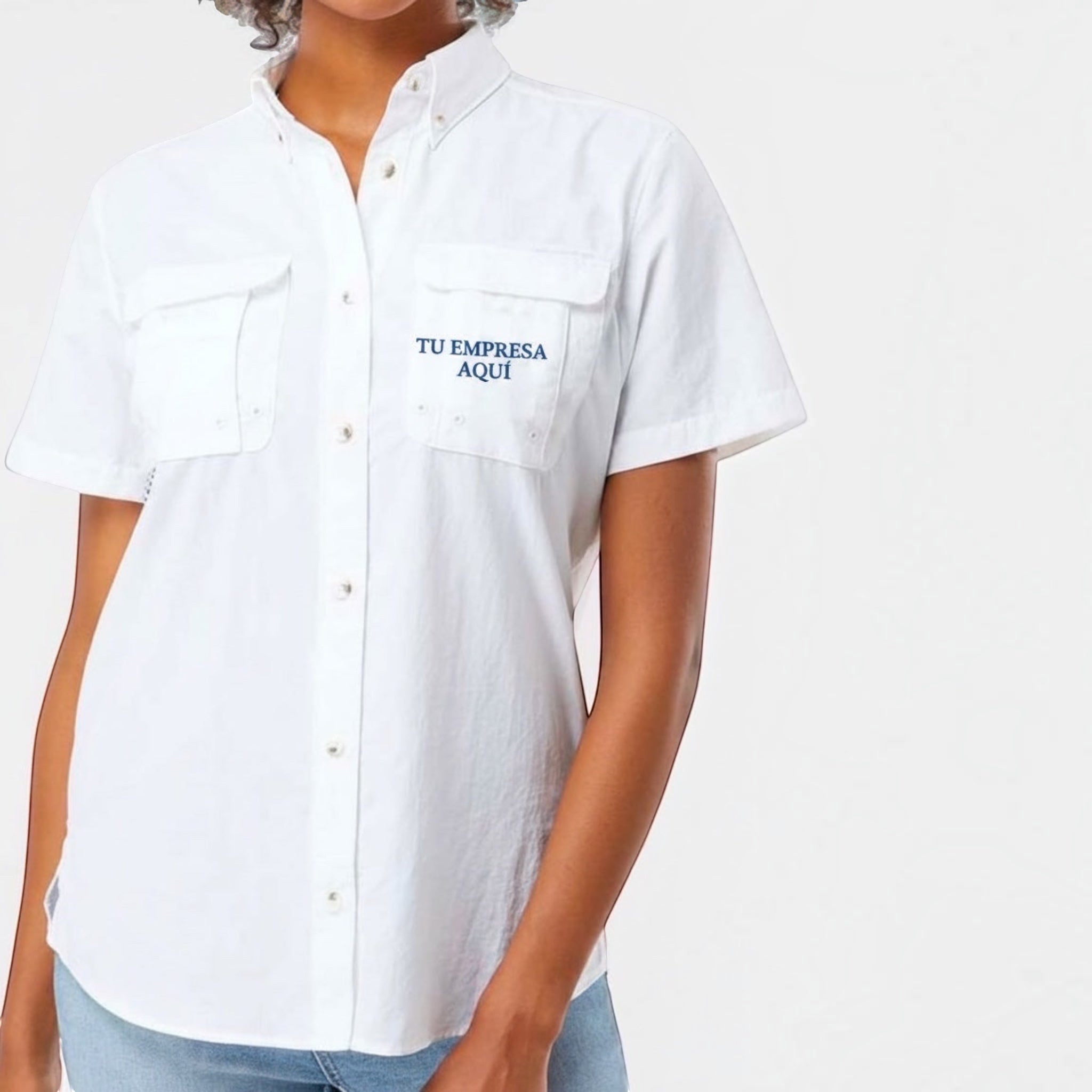 The Beauty Closet white short sleeve button down utility shirt with chest pockets and custom embroidery