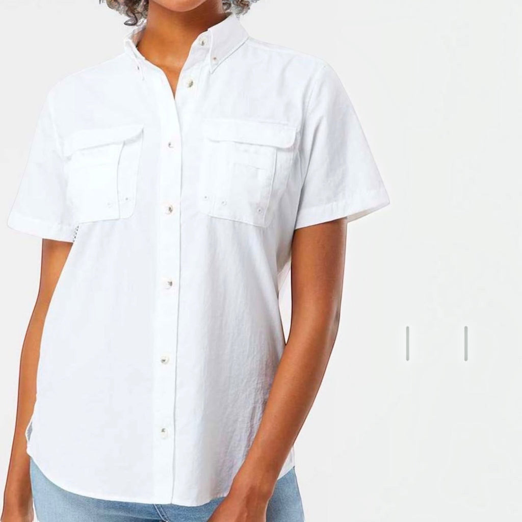 The Beauty Closet white short sleeve button down utility shirt with chest pockets and a classic collar