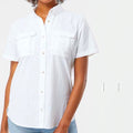 The Beauty Closet white short sleeve button down utility shirt with chest pockets and a classic collar