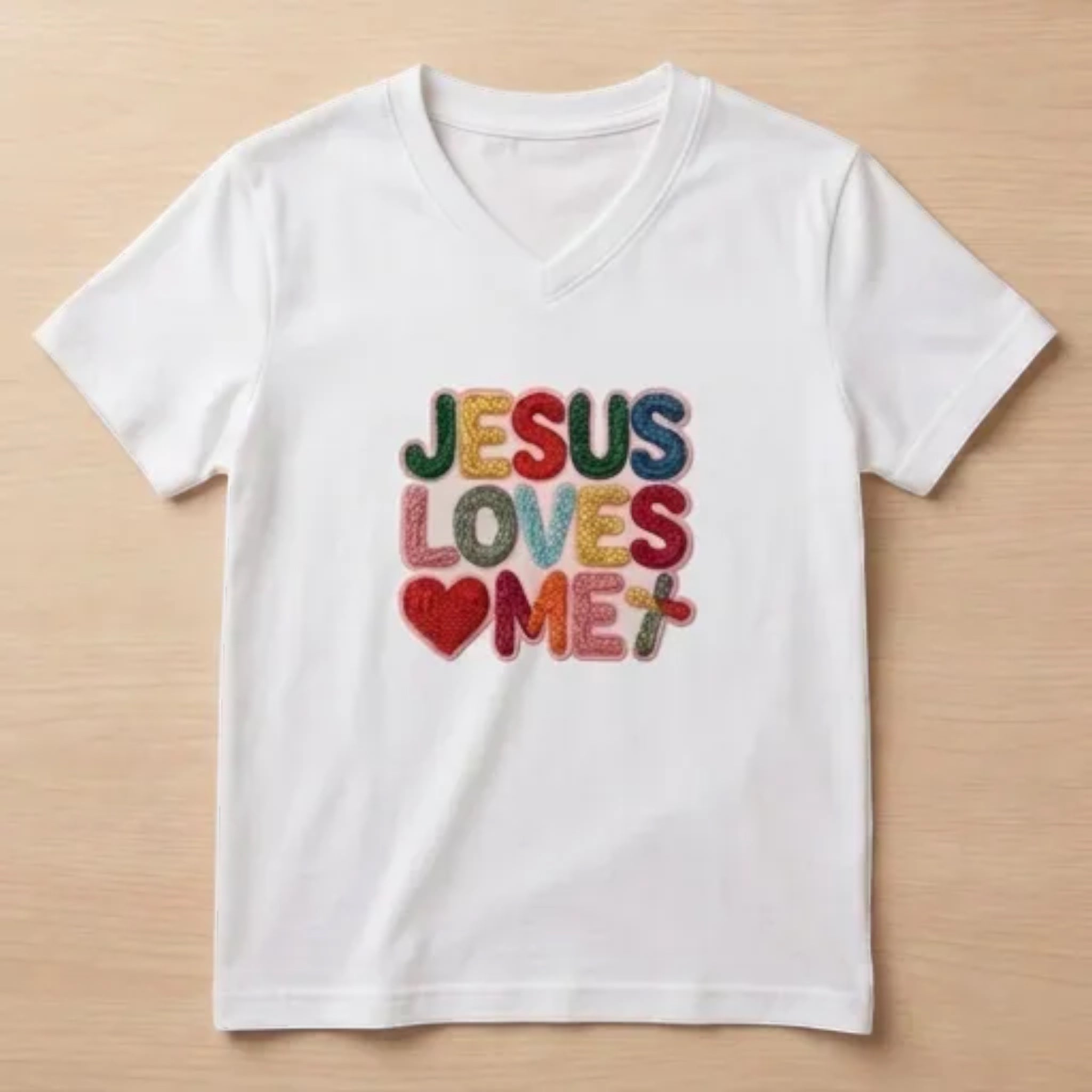 The Beauty Closet white v-neck t-shirt featuring colorful embroidered Jesus Loves Me text and a heart patch.