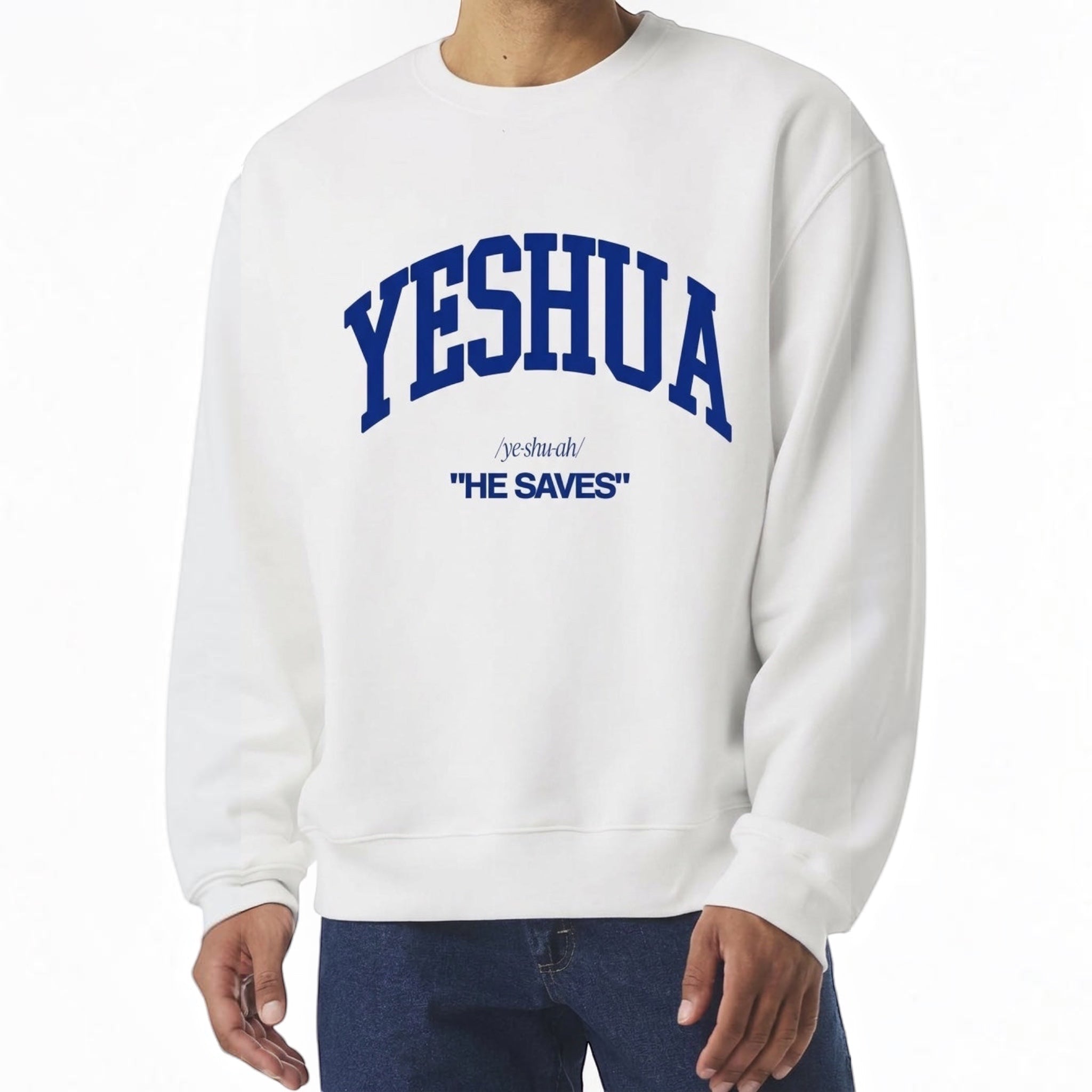 The Beauty Closet white crewneck sweatshirt featuring blue collegiate-style YESHUA text and HE SAVES definition.