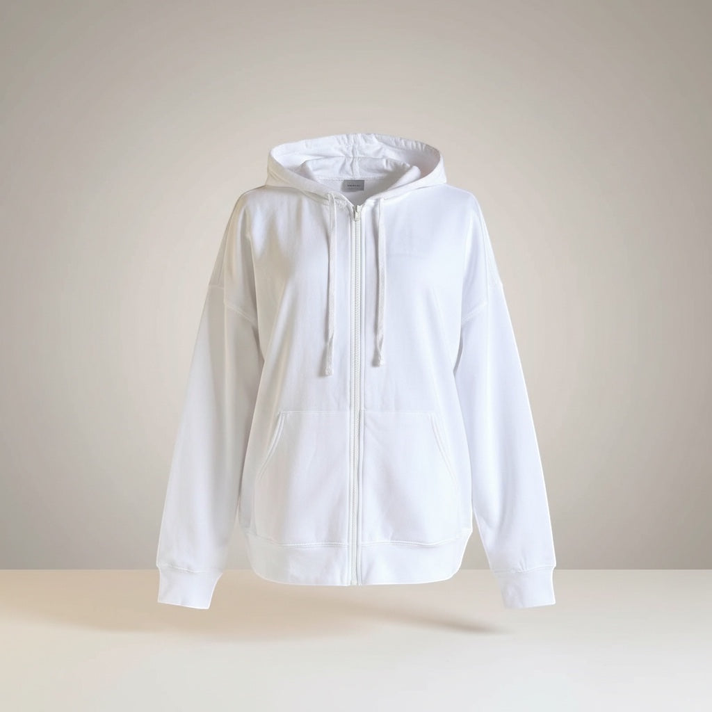 The Beauty Closet white cotton blend zip-up hoodie with drawstring hood and front pockets.