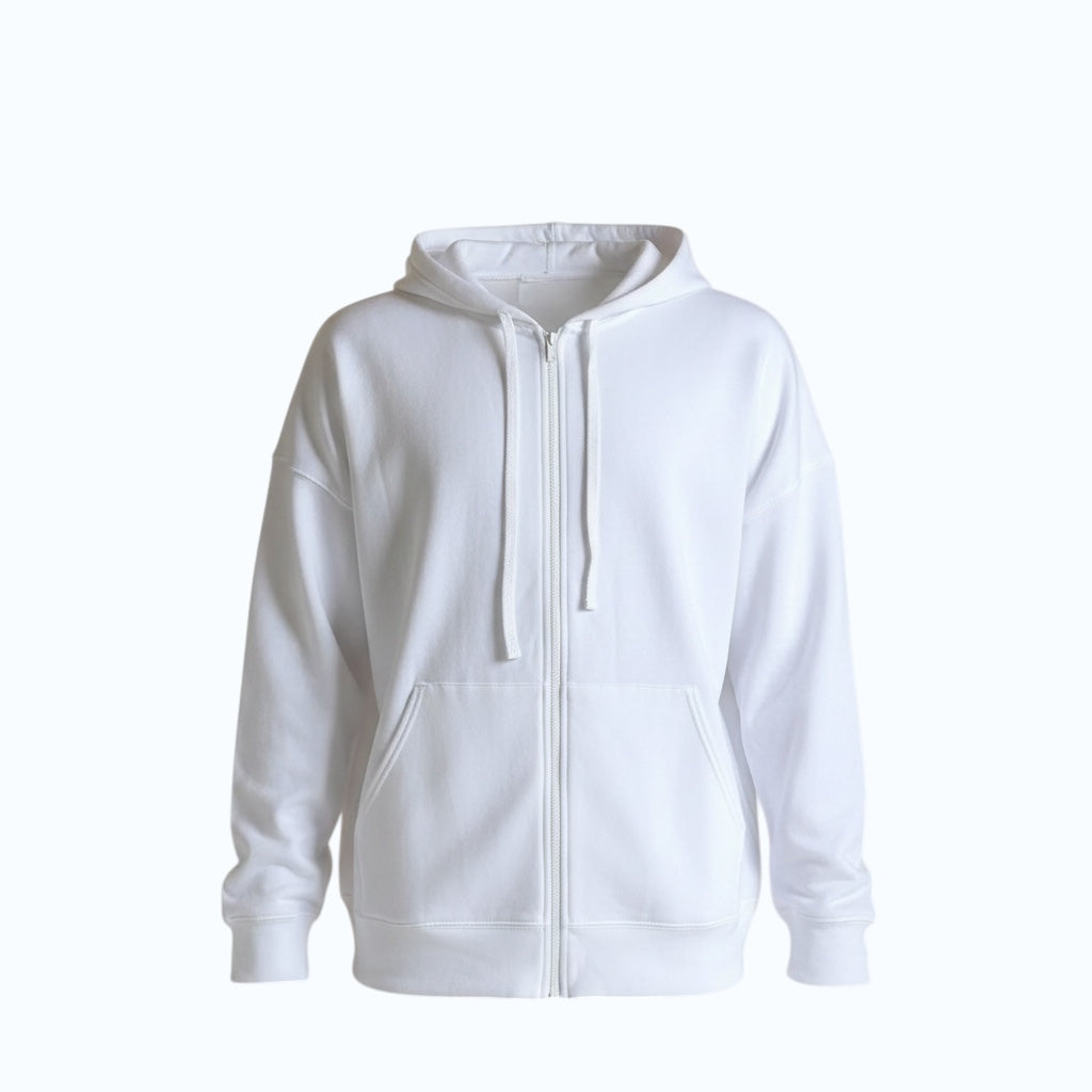 The Beauty Closet white cotton blend zip-up hoodie with drawstring hood and front pockets.