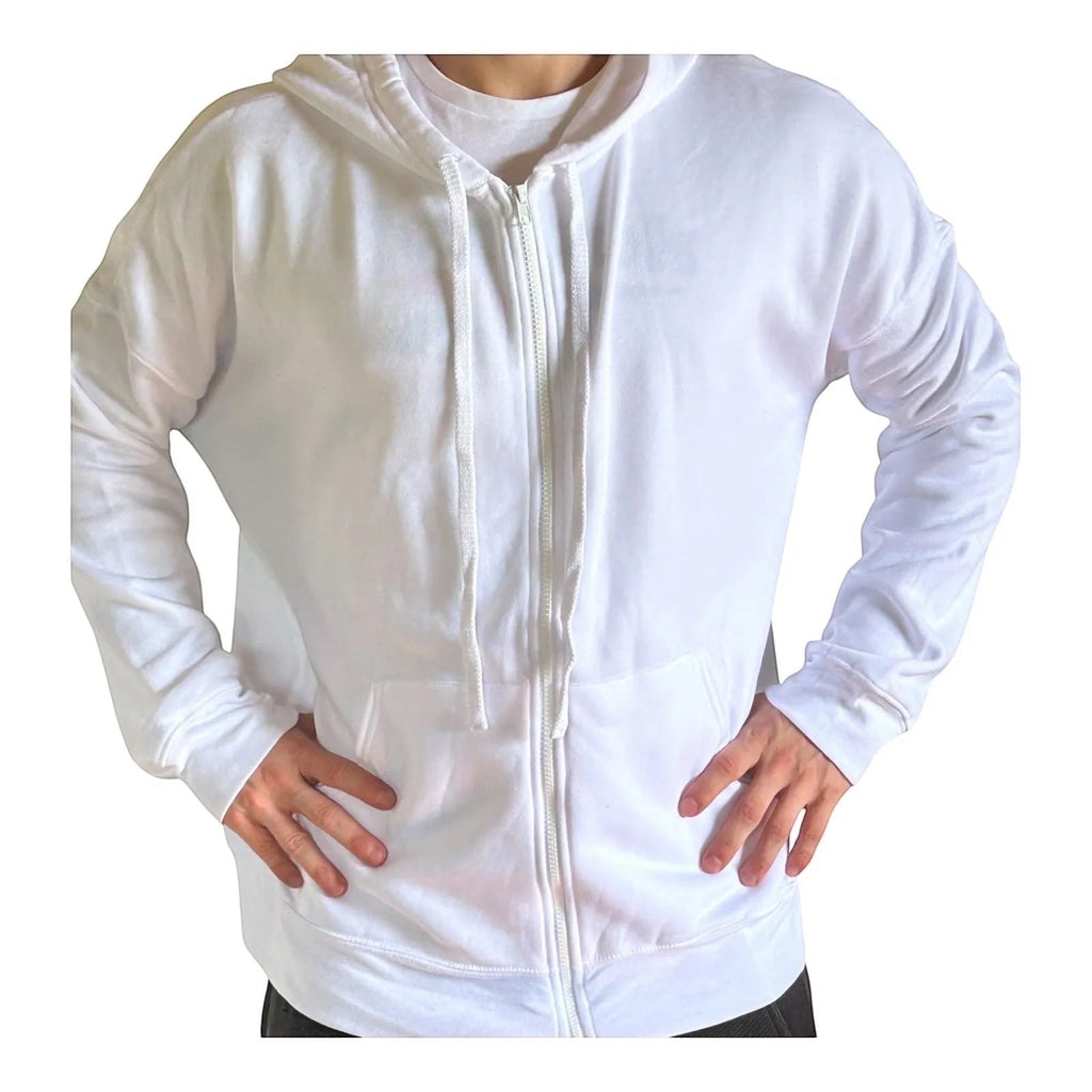 The Beauty Closet white cotton blend zip-up hoodie with drawstring hood and front pockets.
