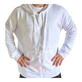 The Beauty Closet white cotton blend zip-up hoodie with drawstring hood and front pockets.
