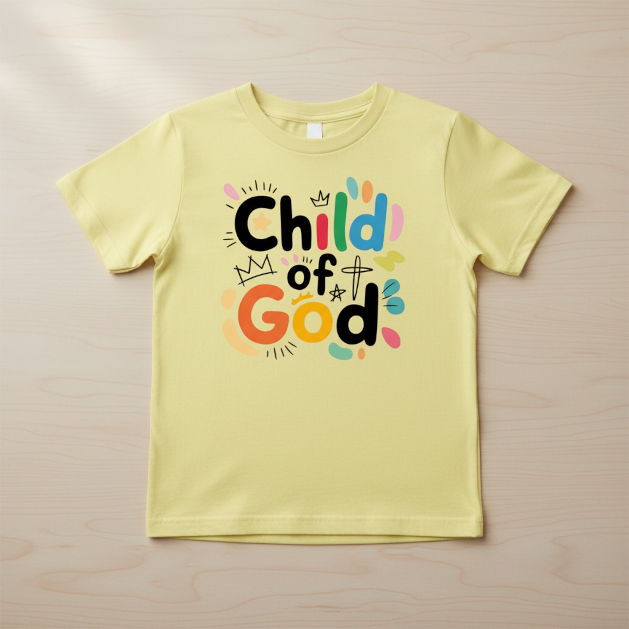 The Beauty Closet yellow toddler t-shirt featuring Child of God text with colorful handprints and crown graphics.