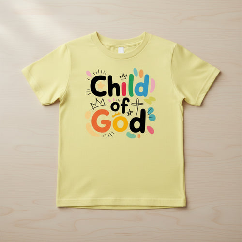 The Beauty Closet yellow toddler t-shirt featuring Child of God text with colorful handprints and crown graphics.