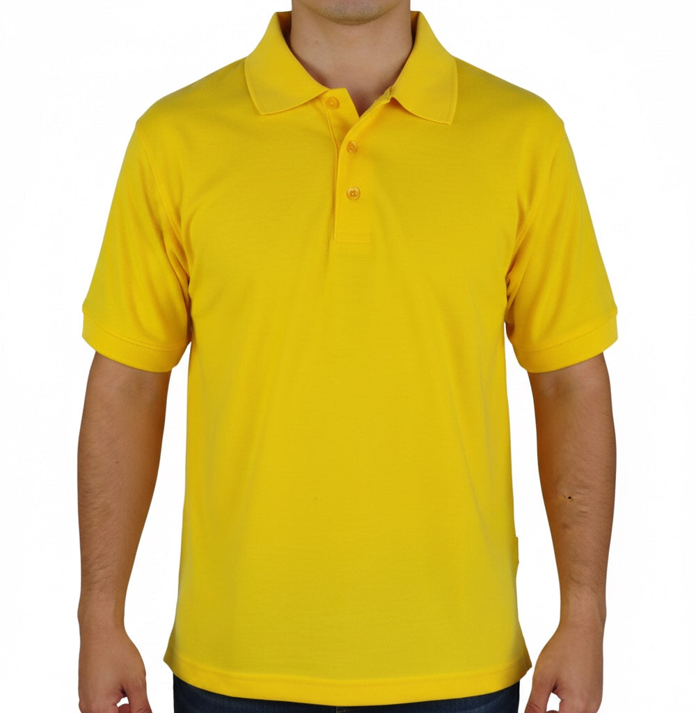 The Beauty Closet bright yellow short sleeve cotton polo shirt with a three-button placket and ribbed cuffs.