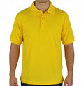 The Beauty Closet bright yellow short sleeve cotton polo shirt with a three-button placket and ribbed cuffs.